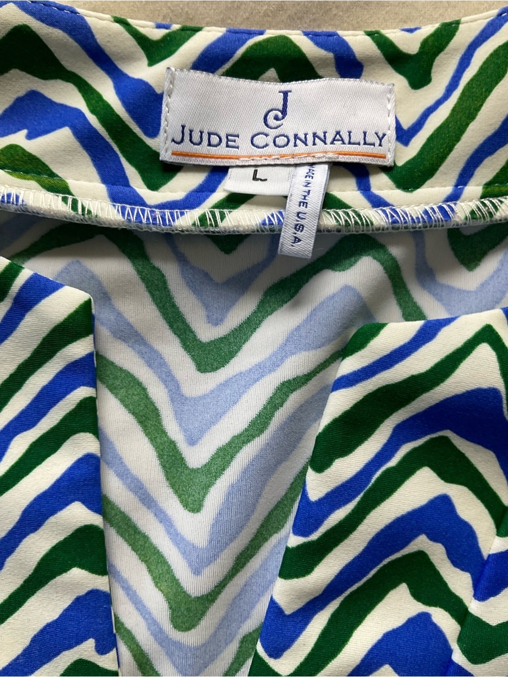 Jude Connally L Blue Green Chevron Print Stretch Knit Shift Dress USA Made - Picture 5 of 7
